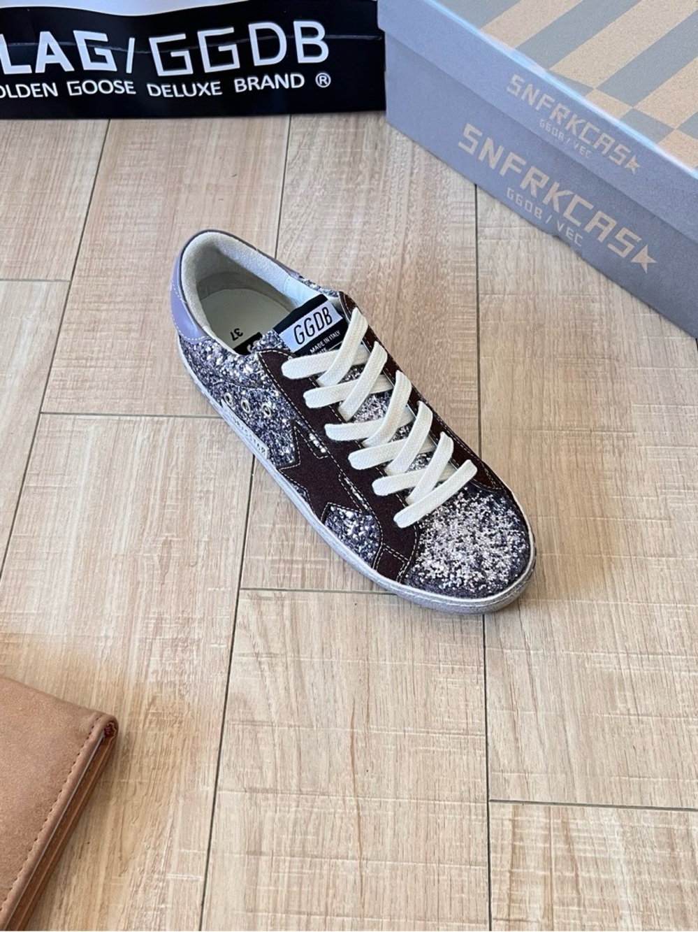 Golden Goose Silver Glitter Sneakers with Brown Star Trim - Picture 6 of 8